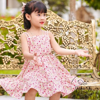Váy hai dây bé gái, vải thô hoa nhí, tặng kèm nơ