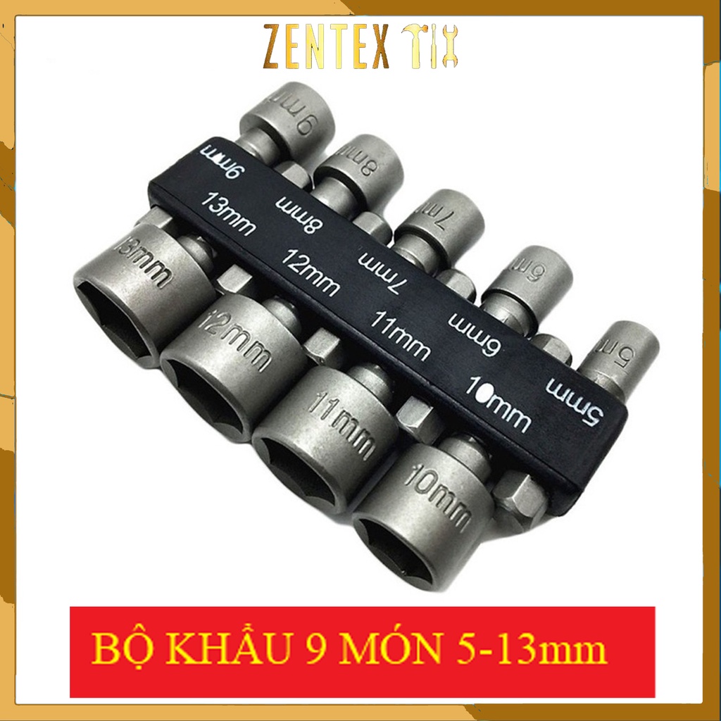 Bộ khẩu lục giác Zentex 9 đầu 5-13mm chuyển đổi đầu máy khoan bắn vít tôn ,bulong