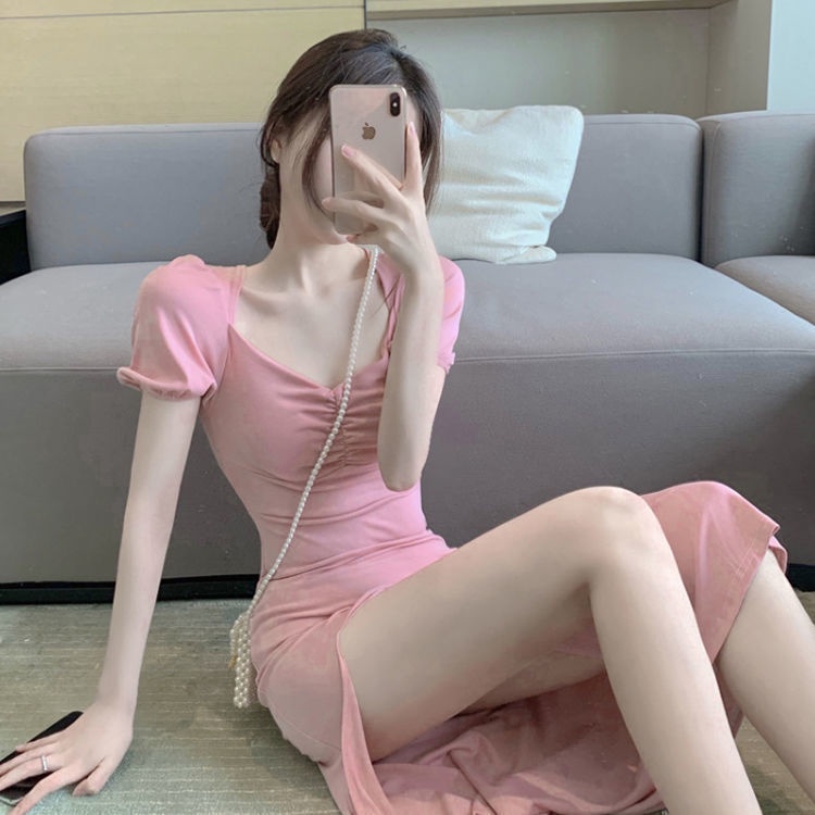 Jiashucheng Đầm Dài Cổ Vuông Xẻ Tà Dáng Ôm Phong Cách Pháp Ngọt Ngào Thời Trang Mùa Hè Cho Nữ