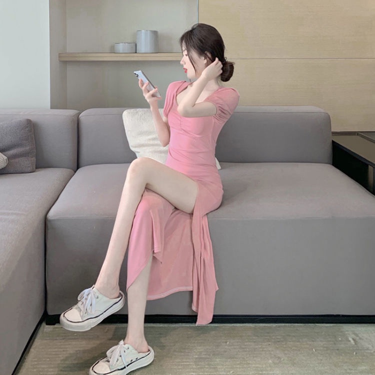 Jiashucheng Đầm Dài Cổ Vuông Xẻ Tà Dáng Ôm Phong Cách Pháp Ngọt Ngào Thời Trang Mùa Hè Cho Nữ