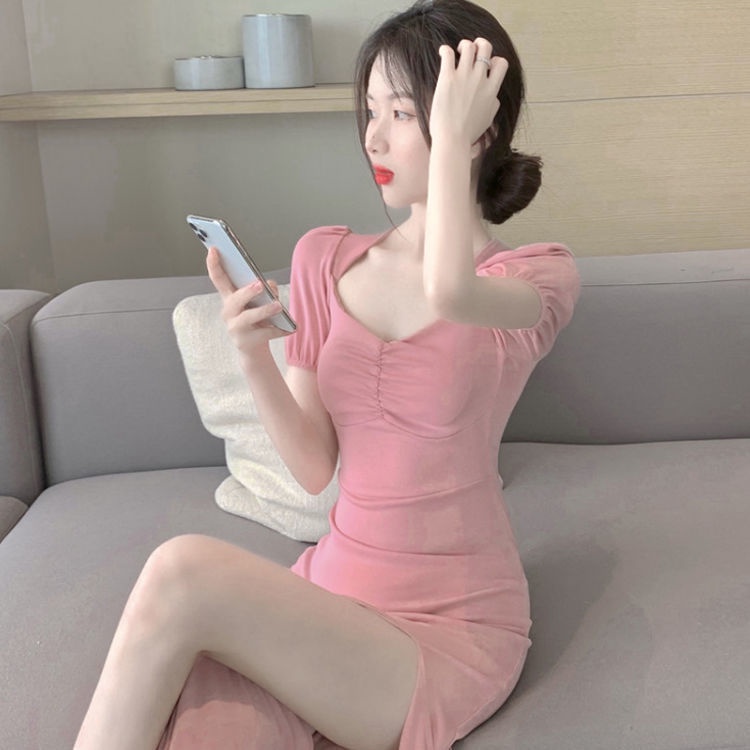 Jiashucheng Đầm Dài Cổ Vuông Xẻ Tà Dáng Ôm Phong Cách Pháp Ngọt Ngào Thời Trang Mùa Hè Cho Nữ