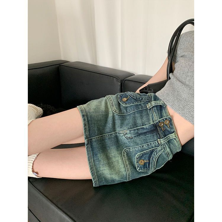 Jiashucheng Chân Váy Denim Chữ A Lưng Cao Ôm Dáng Phong Cách Retro Mỹ Cho Nữ