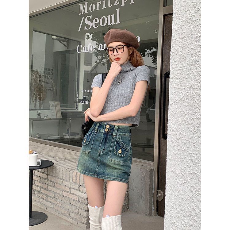 Jiashucheng Chân Váy Denim Chữ A Lưng Cao Ôm Dáng Phong Cách Retro Mỹ Cho Nữ