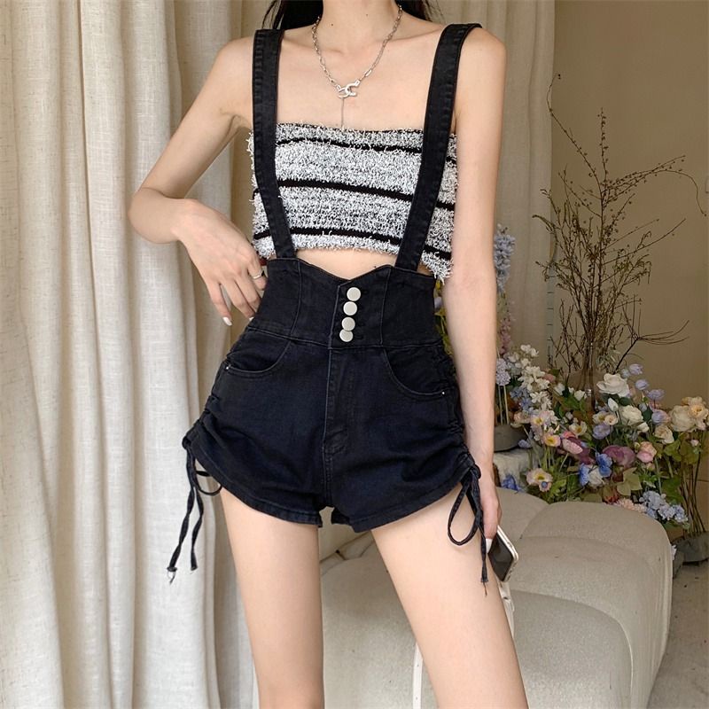 Jiashucheng Quần Yếm Denim Ngắn Lưng Cao Dáng Ôm Co Giãn Màu Đen Thời Trang Mùa Hè Mới Dễ Phối Đồ Dành Cho Bạn Nữ