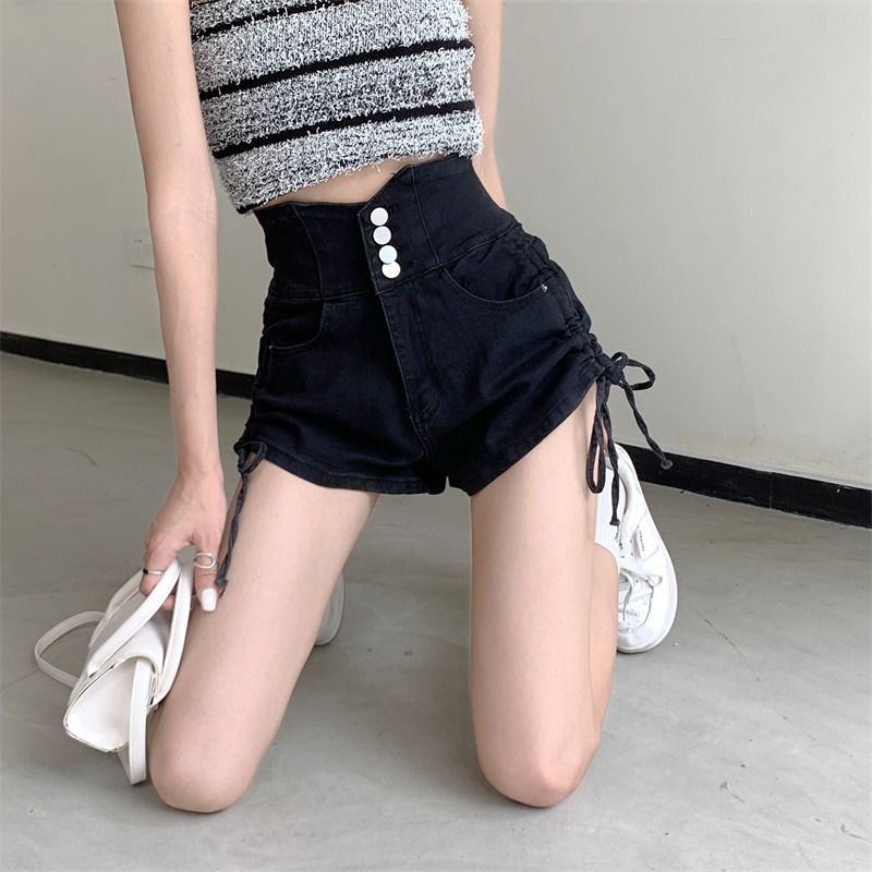 Jiashucheng Quần Yếm Denim Ngắn Lưng Cao Dáng Ôm Co Giãn Màu Đen Thời Trang Mùa Hè Mới Dễ Phối Đồ Dành Cho Bạn Nữ