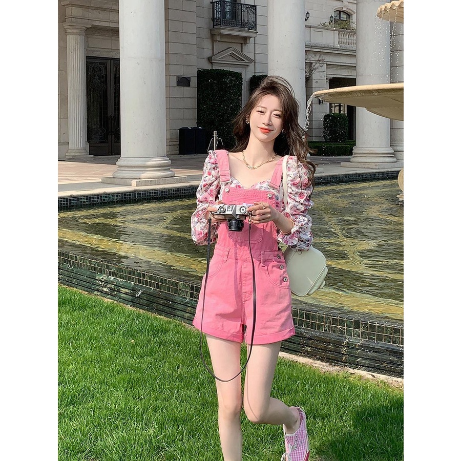 Jiashucheng Quần Yếm Denim Ngắn Dáng Rộng Phong Cách Hàn Quốc Thời Trang Mùa Hè Mới Cho Nữ