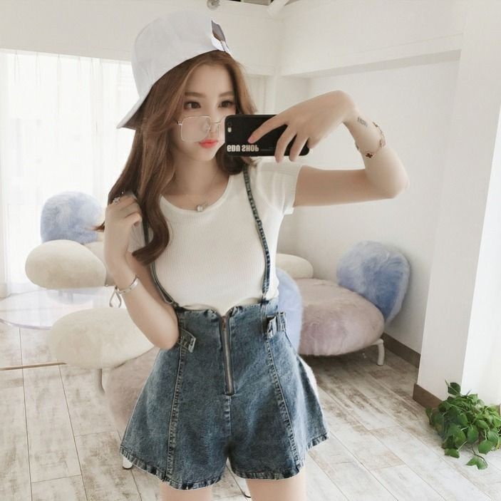 Jiashucheng Quần Yếm Denim Ngắn Lưng Cao Dáng Rộng Cỡ Nhỏ Kiểu Hàn Quốc Dễ Thương Cho Nữ