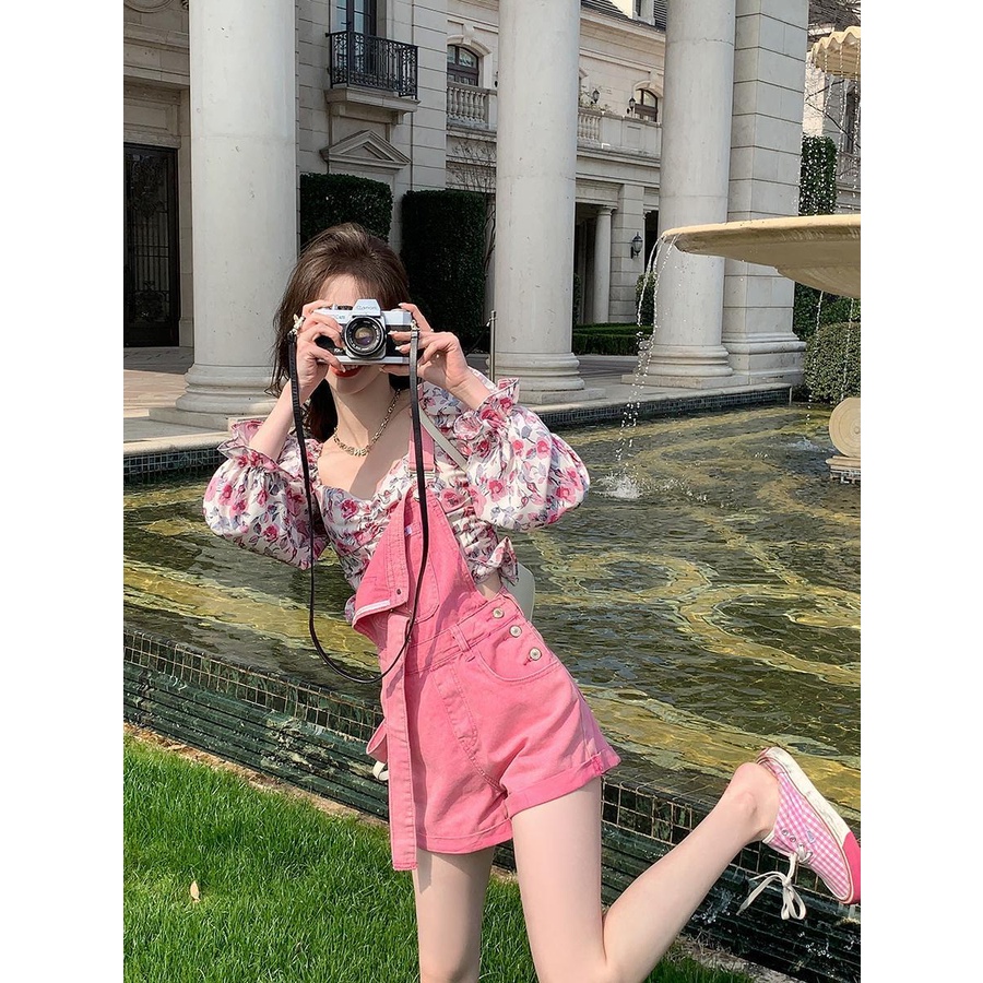 Jiashucheng Quần Yếm Denim Ngắn Dáng Rộng Phong Cách Hàn Quốc Thời Trang Mùa Hè Mới Cho Nữ