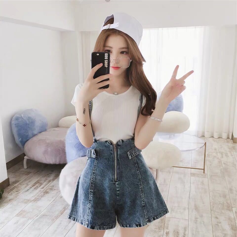 Jiashucheng Quần Yếm Denim Ngắn Lưng Cao Dáng Rộng Cỡ Nhỏ Kiểu Hàn Quốc Dễ Thương Cho Nữ