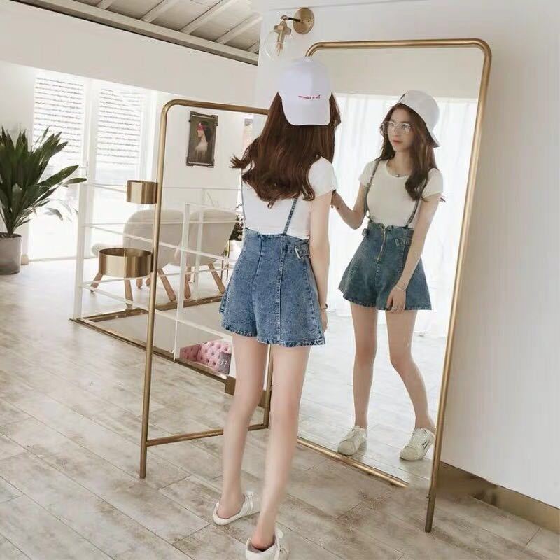 Jiashucheng Quần Yếm Denim Ngắn Lưng Cao Dáng Rộng Cỡ Nhỏ Kiểu Hàn Quốc Dễ Thương Cho Nữ