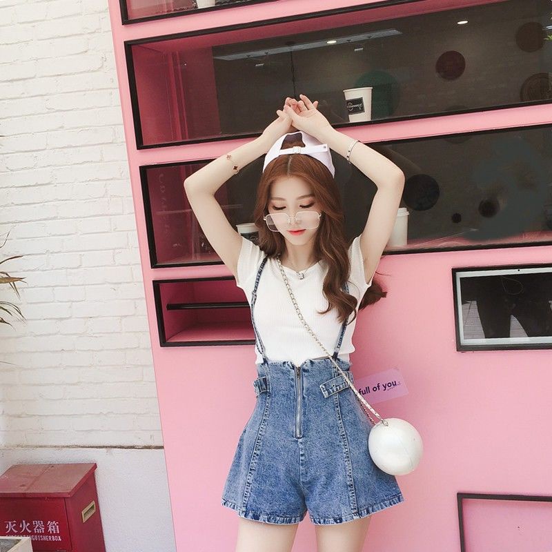 Jiashucheng Quần Yếm Denim Ngắn Lưng Cao Dáng Rộng Cỡ Nhỏ Kiểu Hàn Quốc Dễ Thương Cho Nữ