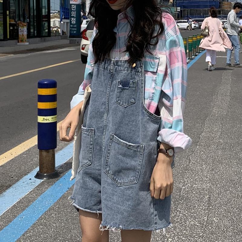 Jiashucheng Quần Yếm Denim Ngắn Dáng Rộng Eo Cao Cỡ Lớn Phong Cách Hàn Quốc Thời Trang Mùa Hè Dành Cho Học Sinh Nữ @