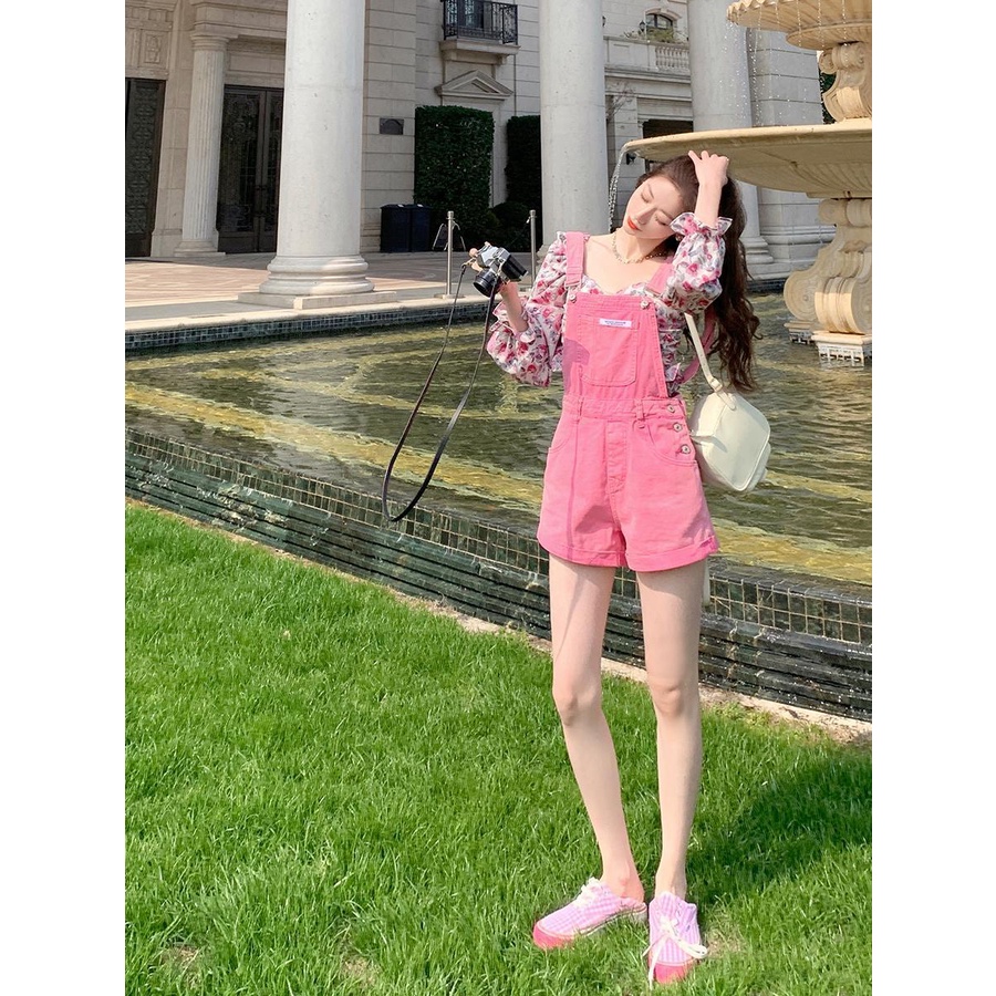 Jiashucheng Quần Yếm Denim Ngắn Dáng Rộng Phong Cách Hàn Quốc Thời Trang Mùa Hè Mới Cho Nữ