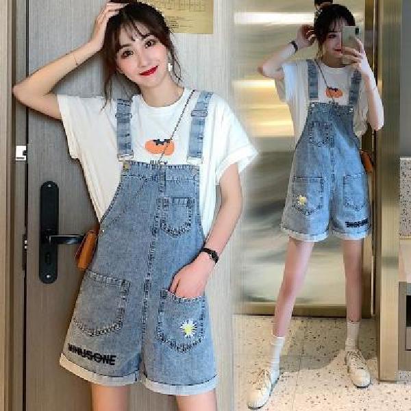 Jiashucheng Quần Yếm Denim Ngắn Dáng Rộng Họa Tiết Hoa Cúc Nhỏ Đơn Giản Dễ Phối Đồ Mùa Hè Phong Cách Hàn Quốc Cho Nữ