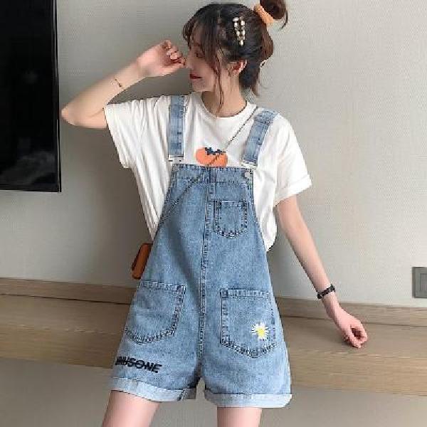 Jiashucheng Quần Yếm Denim Ngắn Dáng Rộng Họa Tiết Hoa Cúc Nhỏ Đơn Giản Dễ Phối Đồ Mùa Hè Phong Cách Hàn Quốc Cho Nữ