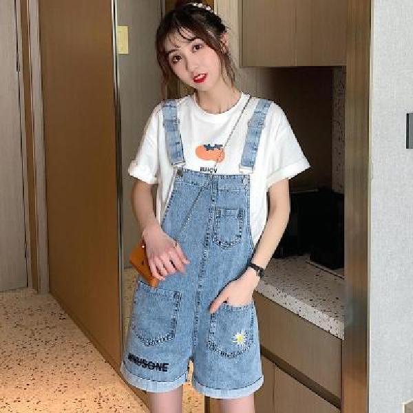Jiashucheng Quần Yếm Denim Ngắn Dáng Rộng Họa Tiết Hoa Cúc Nhỏ Đơn Giản Dễ Phối Đồ Mùa Hè Phong Cách Hàn Quốc Cho Nữ