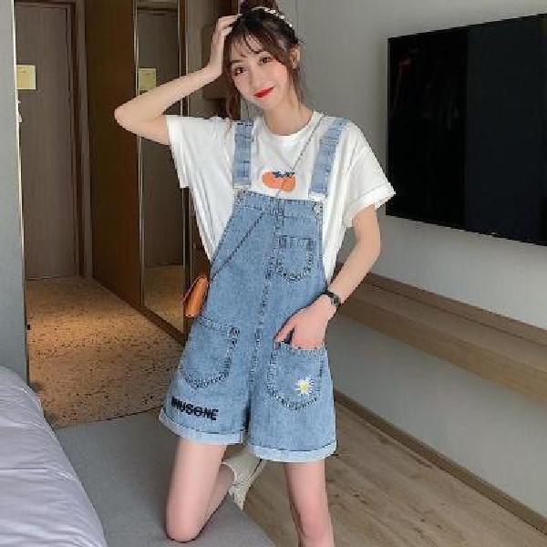 Jiashucheng Quần Yếm Denim Ngắn Dáng Rộng Họa Tiết Hoa Cúc Nhỏ Đơn Giản Dễ Phối Đồ Mùa Hè Phong Cách Hàn Quốc Cho Nữ