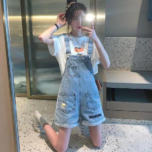 Jiashucheng Quần Yếm Denim Ngắn Dáng Rộng Họa Tiết Hoa Cúc Nhỏ Đơn Giản Dễ Phối Đồ Mùa Hè Phong Cách Hàn Quốc Cho Nữ