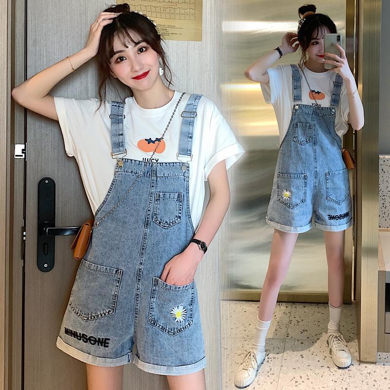 Jiashucheng Quần Yếm Denim Ngắn Dáng Rộng Họa Tiết Hoa Cúc Nhỏ Đơn Giản Dễ Phối Đồ Mùa Hè Phong Cách Hàn Quốc Cho Nữ