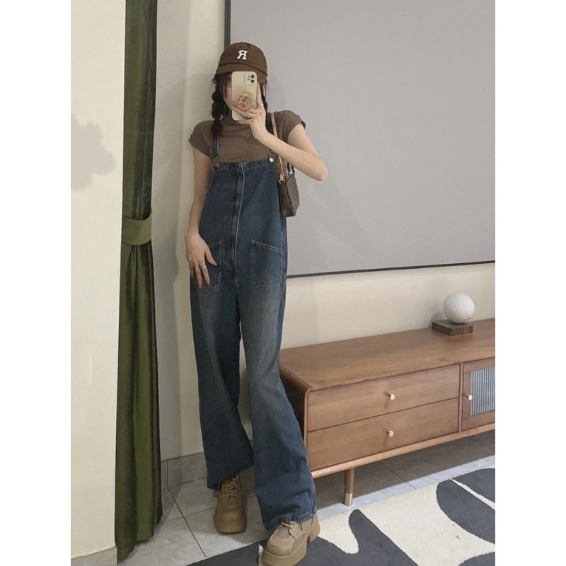 Jiashucheng Quần Yếm Denim Lưng Cao Dáng Rộng Thời Trang Xuân Hè Hàn Quốc Cho Nữ