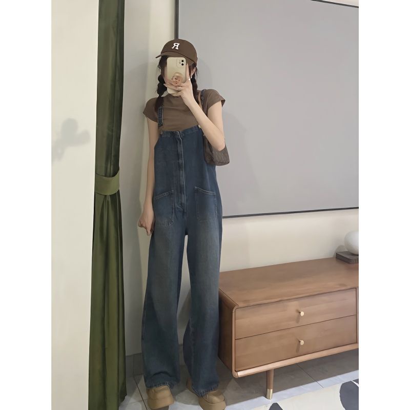 Jiashucheng Quần Yếm Denim Lưng Cao Dáng Rộng Thời Trang Xuân Hè Hàn Quốc Cho Nữ
