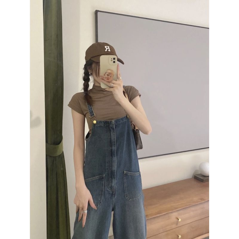 Jiashucheng Quần Yếm Denim Lưng Cao Dáng Rộng Thời Trang Xuân Hè Hàn Quốc Cho Nữ