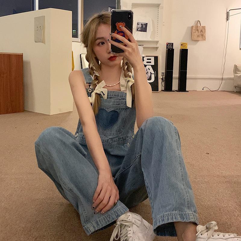 Jiashucheng Influencer Quần Yếm Denim Dáng Rộng Nhỏ Nhắn Dễ Thương Phong Cách Hàn Quốc Thời Trang Mùa Hè Dành Cho Bạn Nữ