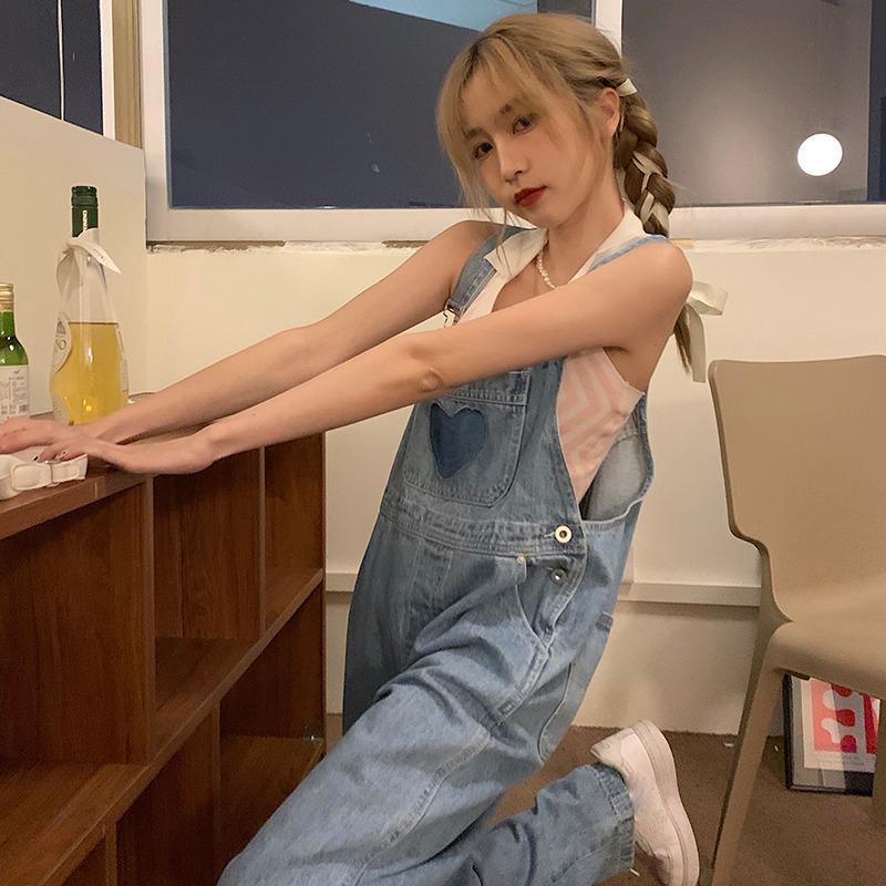 Jiashucheng Influencer Quần Yếm Denim Dáng Rộng Nhỏ Nhắn Dễ Thương Phong Cách Hàn Quốc Thời Trang Mùa Hè Dành Cho Bạn Nữ