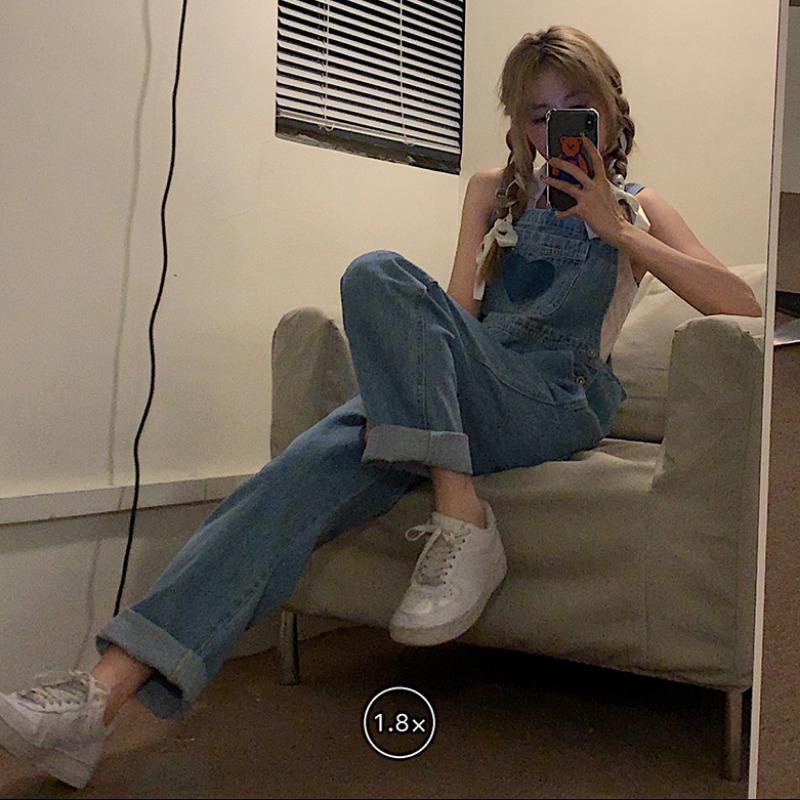Jiashucheng Influencer Quần Yếm Denim Dáng Rộng Nhỏ Nhắn Dễ Thương Phong Cách Hàn Quốc Thời Trang Mùa Hè Dành Cho Bạn Nữ