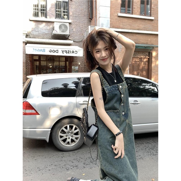 Jiashucheng Đầm Yếm Denim Cao Cấp Dáng Rộng Phong Cách Retro Pháp