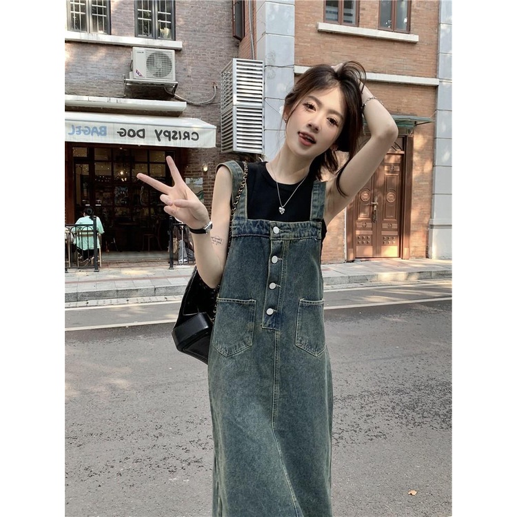 Jiashucheng Đầm Yếm Denim Cao Cấp Dáng Rộng Phong Cách Retro Pháp