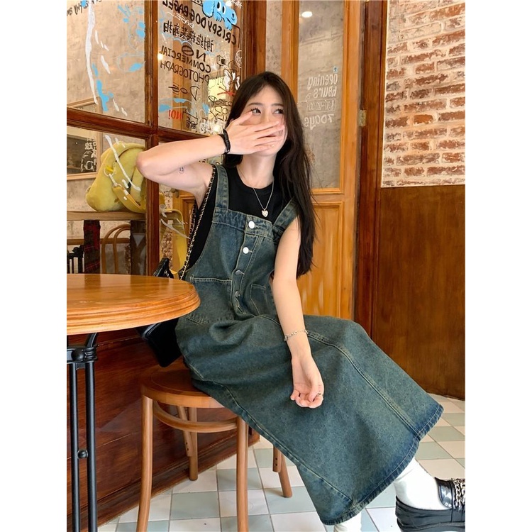 Jiashucheng Đầm Yếm Denim Cao Cấp Dáng Rộng Phong Cách Retro Pháp