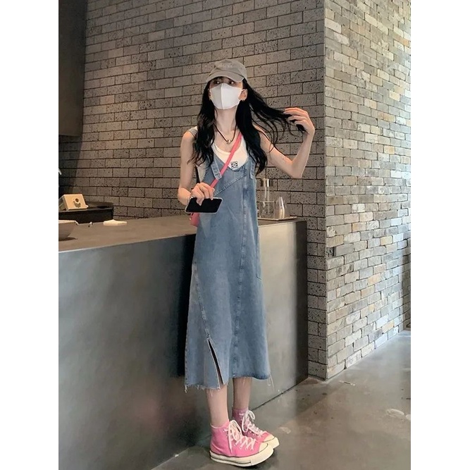 Jiashucheng Đầm Yếm Denim Dáng Rộng Xẻ Tà Cỡ Nhỏ / Trung Bình Ngọt Ngào Phong Cách Retro Cho Nữ
