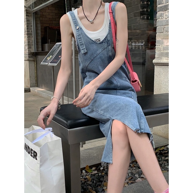 Jiashucheng Đầm Yếm Denim Dáng Rộng Xẻ Tà Cỡ Nhỏ / Trung Bình Ngọt Ngào Phong Cách Retro Cho Nữ