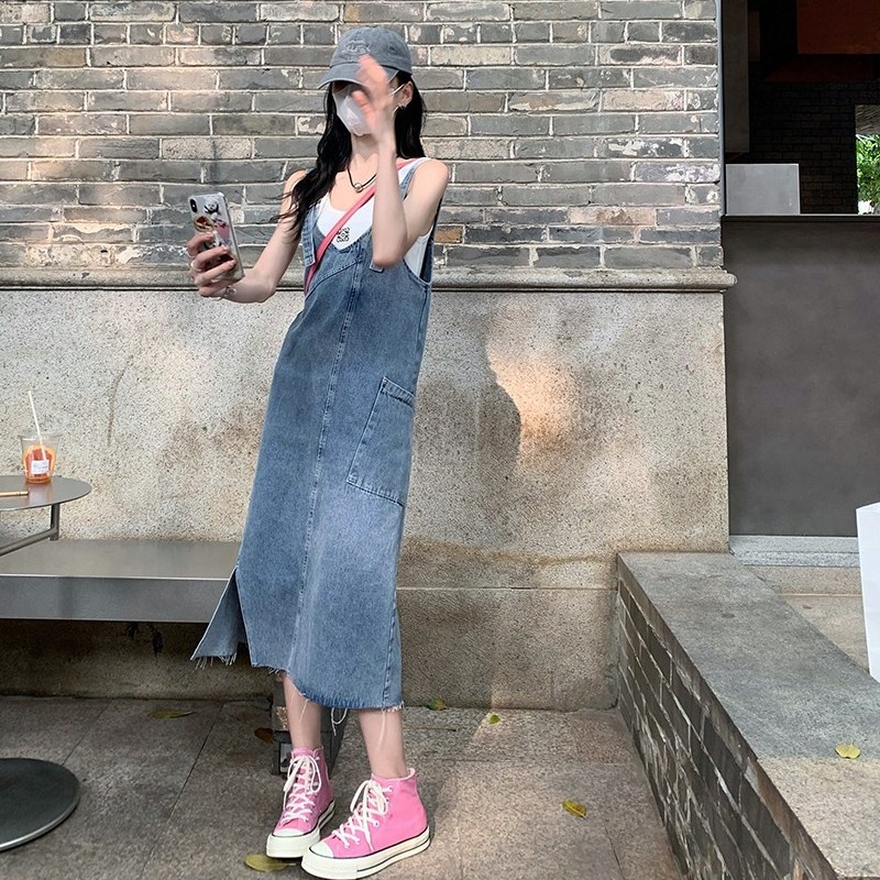 Jiashucheng Đầm Yếm Denim Dáng Rộng Xẻ Tà Cỡ Nhỏ / Trung Bình Ngọt Ngào Phong Cách Retro Cho Nữ