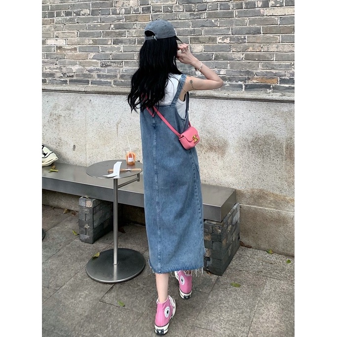 Jiashucheng Đầm Yếm Denim Dáng Rộng Xẻ Tà Cỡ Nhỏ / Trung Bình Ngọt Ngào Phong Cách Retro Cho Nữ