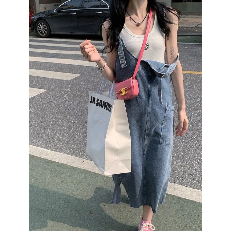 Jiashucheng Đầm Yếm Denim Dáng Rộng Xẻ Tà Cỡ Nhỏ / Trung Bình Ngọt Ngào Phong Cách Retro Cho Nữ