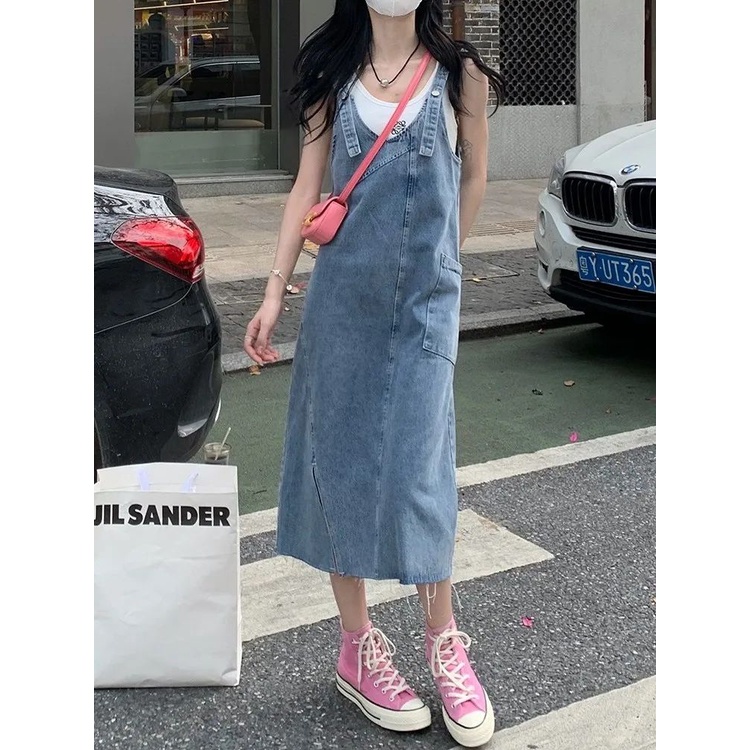 Jiashucheng Đầm Yếm Denim Dáng Rộng Xẻ Tà Cỡ Nhỏ / Trung Bình Ngọt Ngào Phong Cách Retro Cho Nữ