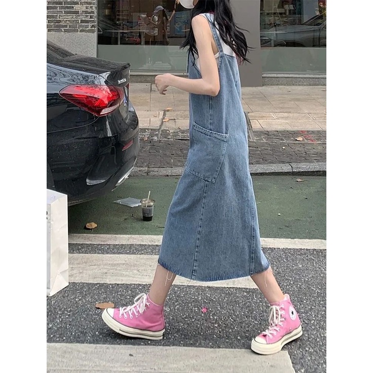 Jiashucheng Đầm Yếm Denim Dáng Rộng Xẻ Tà Cỡ Nhỏ / Trung Bình Ngọt Ngào Phong Cách Retro Cho Nữ