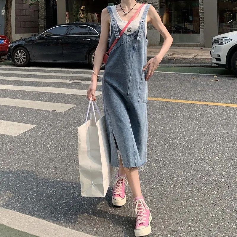 Jiashucheng Đầm Yếm Denim Dáng Rộng Xẻ Tà Cỡ Nhỏ / Trung Bình Ngọt Ngào Phong Cách Retro Cho Nữ