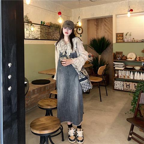 Jiashucheng Váy Yếm Denim Dáng Rộng Phong Cách Phương Tây Retro Mùa Hè Hàn Quốc Mới Cho Nữ Giới
