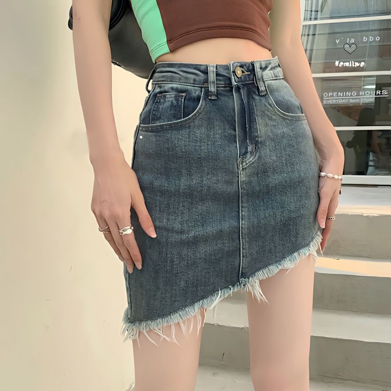 Jiashucheng Chân Váy Denim Chữ a Lưng Cao Phong Cách Retro Thời Trang Mùa Hè Mới