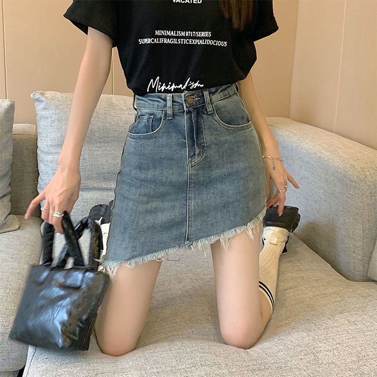 Jiashucheng Chân Váy Denim Chữ a Lưng Cao Phong Cách Retro Thời Trang Mùa Hè Mới