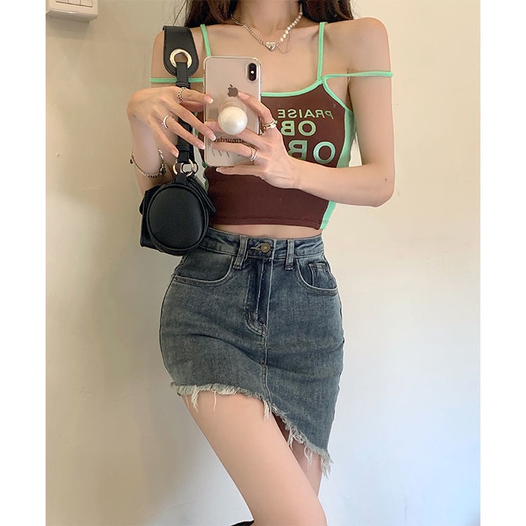 Jiashucheng Chân Váy Denim Chữ a Lưng Cao Phong Cách Retro Thời Trang Mùa Hè Mới