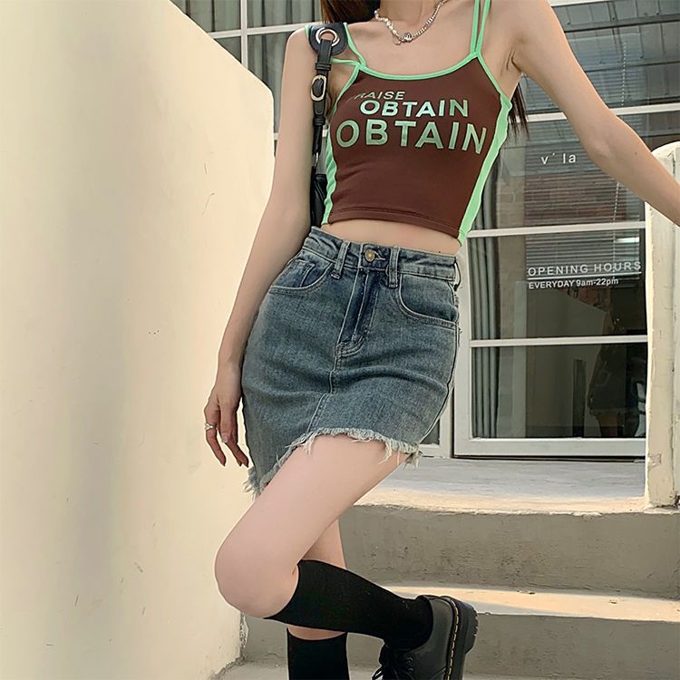 Jiashucheng Chân Váy Denim Chữ a Lưng Cao Phong Cách Retro Thời Trang Mùa Hè Mới