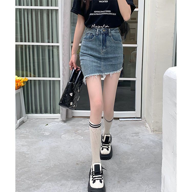 Jiashucheng Chân Váy Denim Chữ a Lưng Cao Phong Cách Retro Thời Trang Mùa Hè Mới