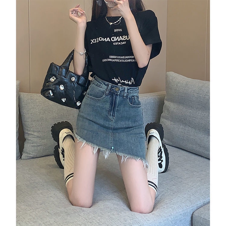 Jiashucheng Chân Váy Denim Chữ a Lưng Cao Phong Cách Retro Thời Trang Mùa Hè Mới