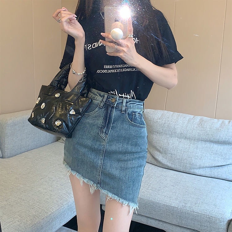 Jiashucheng Chân Váy Denim Chữ a Lưng Cao Phong Cách Retro Thời Trang Mùa Hè Mới