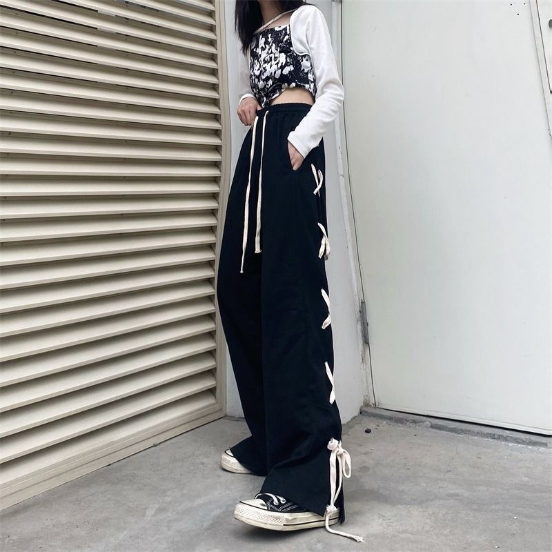 Jiashucheng Quần Dài Ống Rộng Lưng Cao Màu Đen Thời Trang Cá Tính Cho Nữ