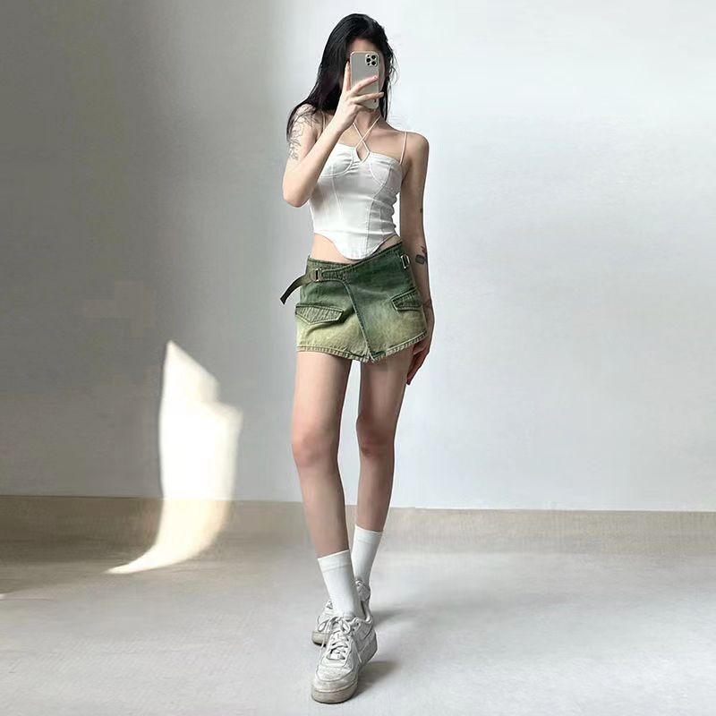 Jiashucheng Chân Váy Denim Ngắn Dáng Chữ A Phong Cách Retro Đường Phố Mỹ Thời Trang Mùa Hè Mới Dành Cho Bạn Nữ